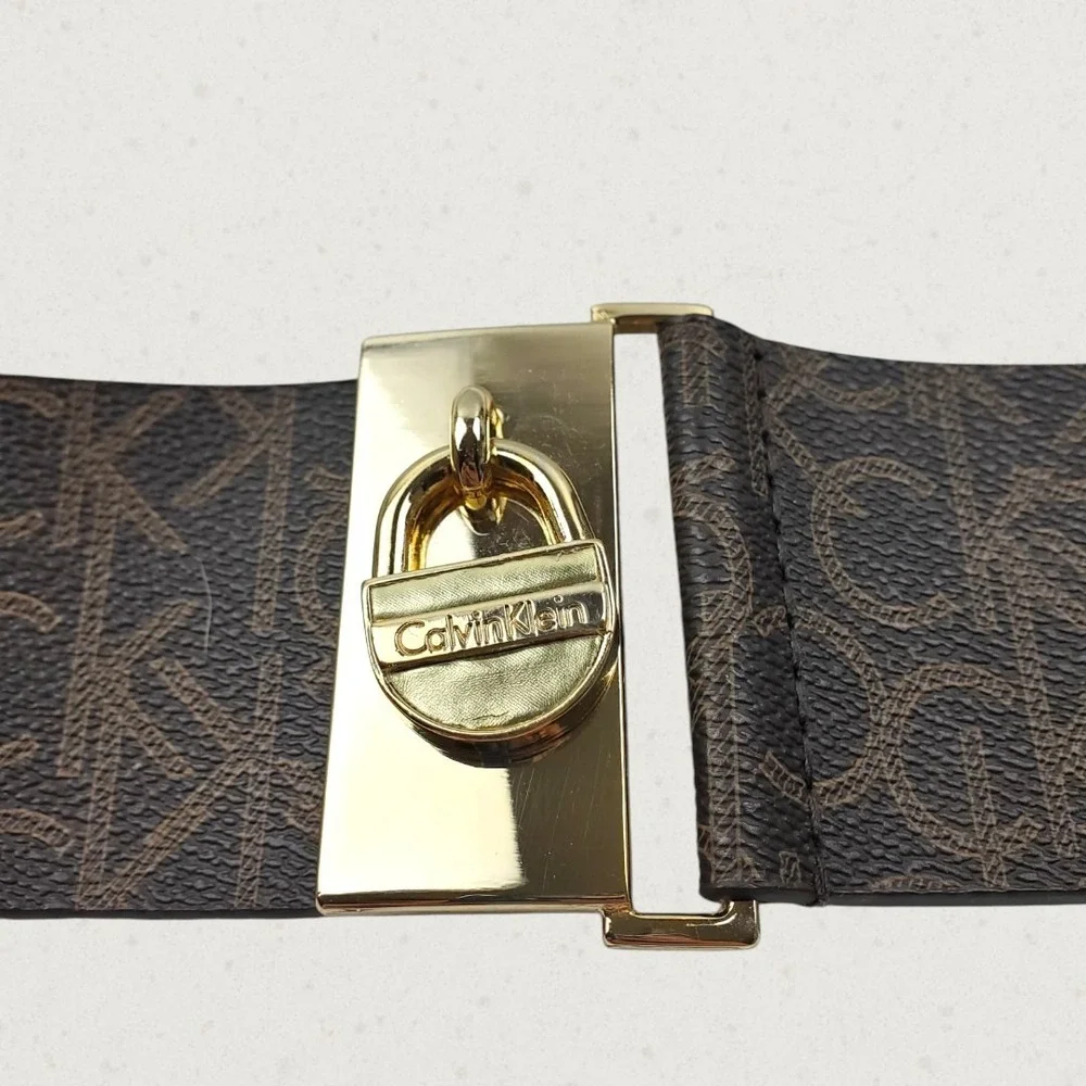 Calvin Klein Womens Monogram Wide Elastic Waist Belt Gold Padlock Buckle M/L